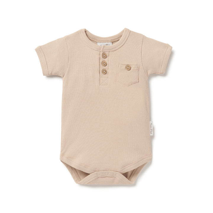 Beige Aster & Oak Organic Rib Henley Onesie isolated on a white background.