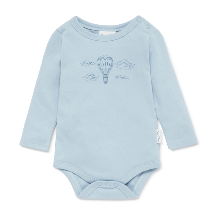 A light blue, long-sleeved Aster & Oak Organic Air Balloon Onesie features an embroidered hot air balloon and clouds on the chest.