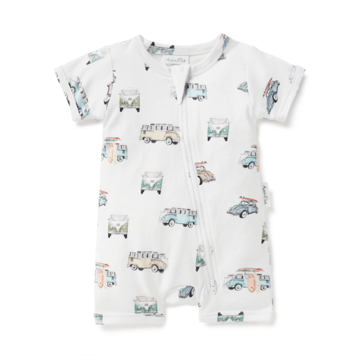 Aster & Oak Organic Cotton Zip Romper with vw vans print.