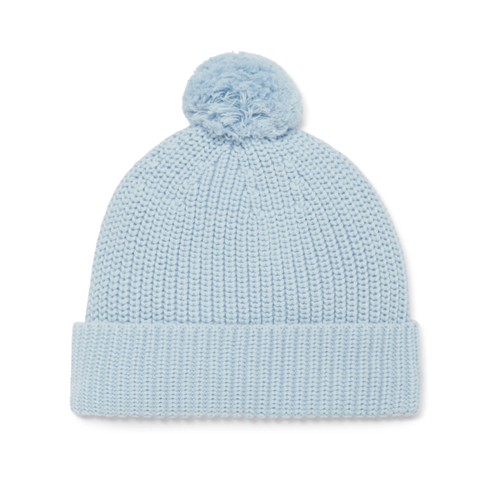 Aster & Oak organic knit beanie with a pom-pom.