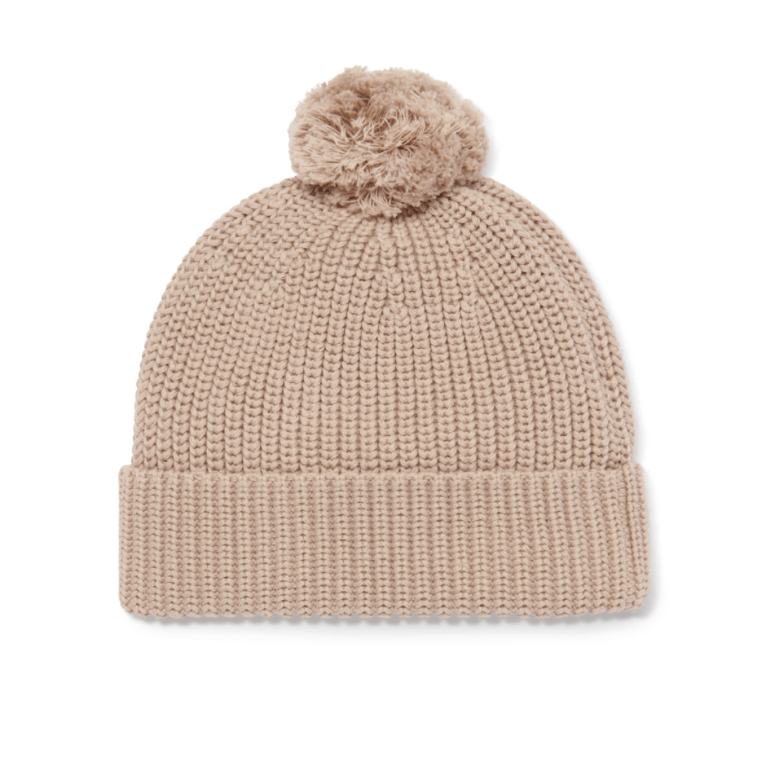 Aster & Oak Beige Organic Knit Beanie with a pom-pom on a white background.