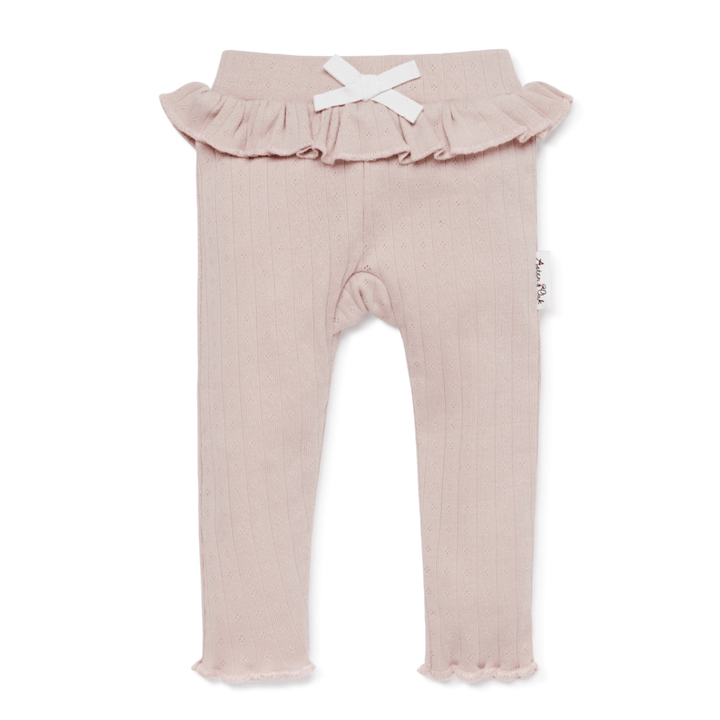 Aster & Oak Organic Pointelle Rib Pale Mauve Leggings crafted from soft organic cotton with a white bow and ruffled waist, made with cozy pointelle rib fabric.