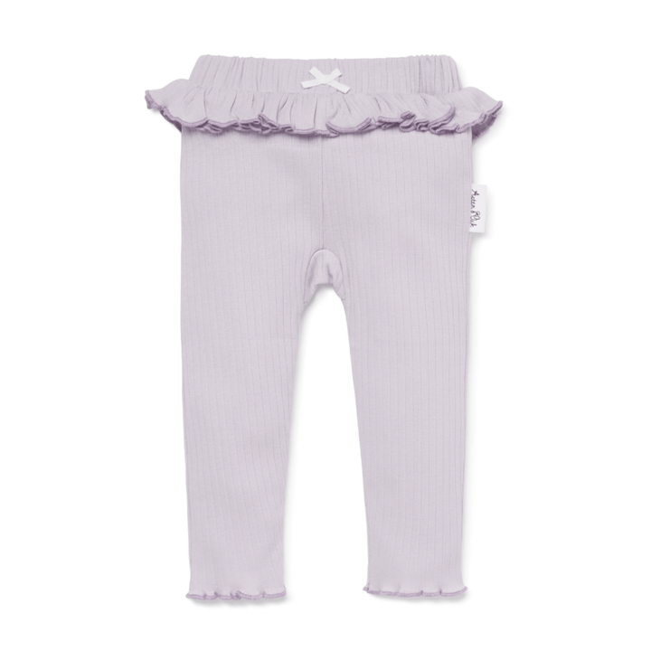 Aster & Oak Aster & Oak Organic Rib Lavender Leggings with a ruffled waistband and hem, featuring a small white bow at the center front.