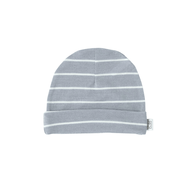 A light gray Babu Merino Baby Hat with white horizontal stripes and a small folded brim is pictured on a white background, making it the perfect baby essential for a snug fit.