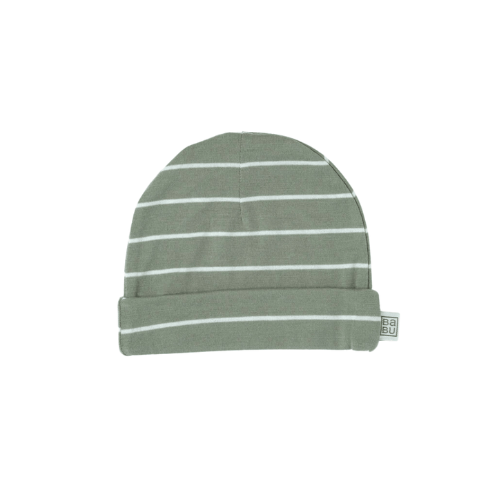 Green Babu Merino Baby Hat with horizontal white stripes and a folded brim. Made from Merino wool, this baby essential ensures a snug fit. A small tag labeled "Babu" is attached to the brim, offering both comfort and style for your little one.
