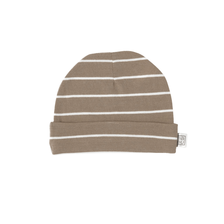 A brown Babu Merino Baby Hat with white horizontal stripes and a folded brim, providing a snug fit. This baby essential from Babu is perfect for keeping your little one warm and cozy.