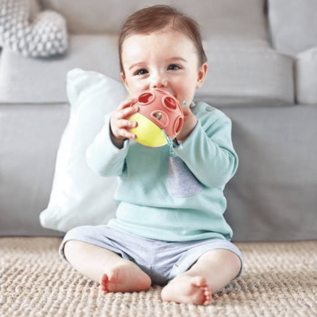 A baby dressed in light blue sits on a carpet and holds a Hape Busy Bug Roll by Hape, aiding in their hand-eye coordination, while sitting in front of a gray couch.
