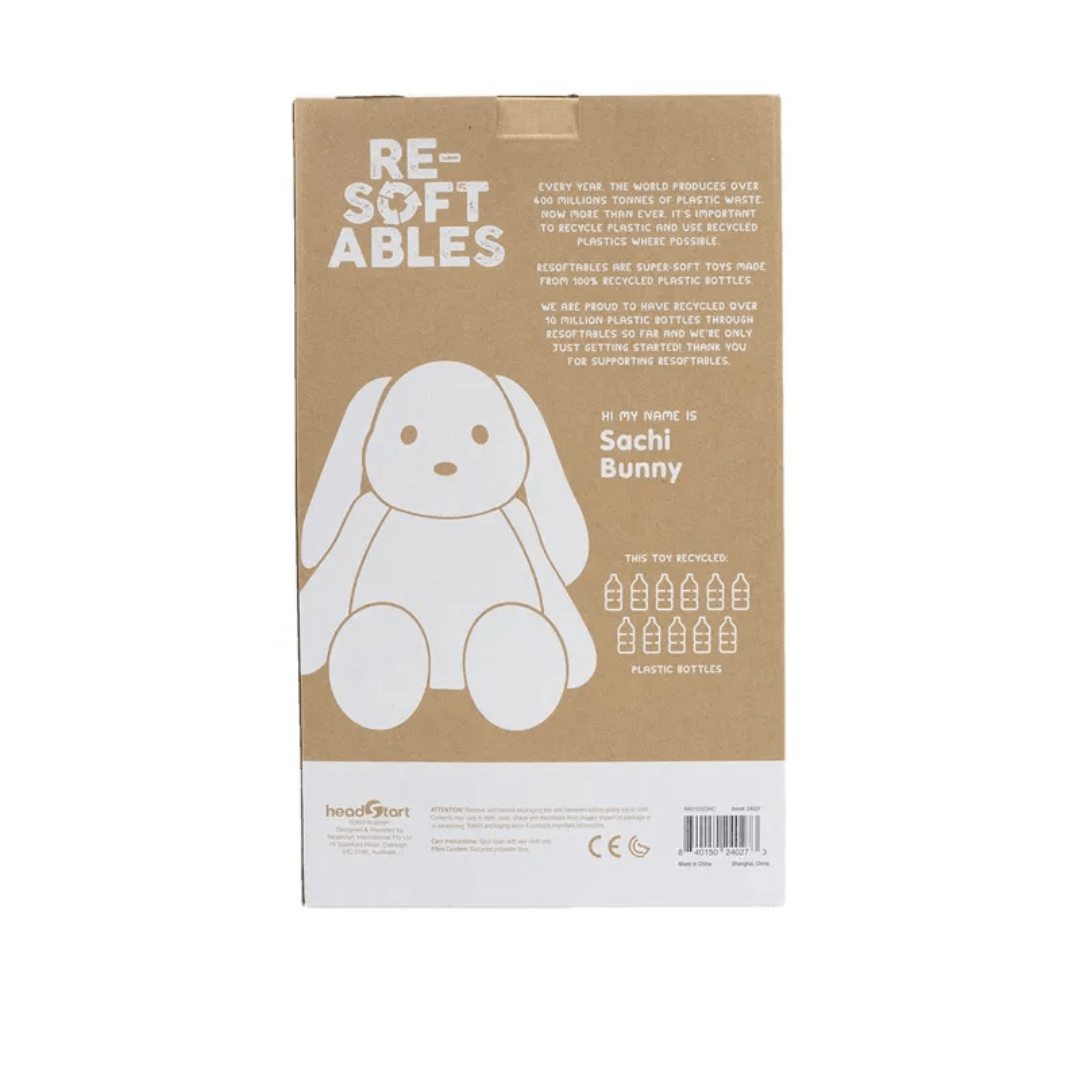 The packaging for the Re-Softables Sachi Bunny Stuffed Animal, a cuddly companion.