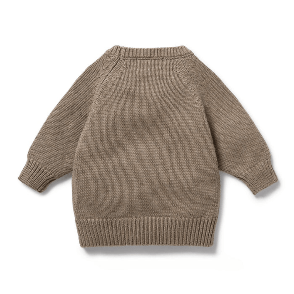 The Wilson & Frenchy Knitted Pocket Jumper - LUCKY LAST, an heirloom piece available only in 12-18 months, showcases a brown, long-sleeve design laid flat against a plain background.