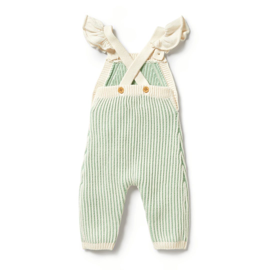 A stylish Wilson & Frenchy Knitted Ruffle Overall in Dijon, featuring ruffled straps and button closures on the chest, perfect for a chic touch.