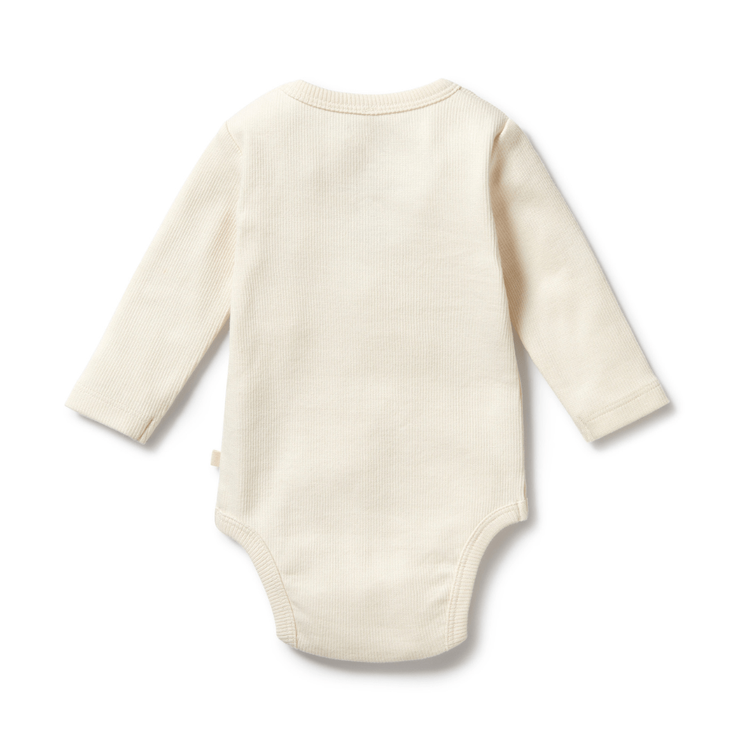 A cream-colored, GOTS-certified organic cotton rib long-sleeve onesie by Wilson & Frenchy is shown from the back.