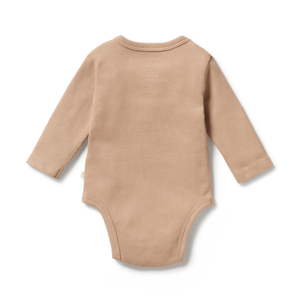 A beige, long-sleeve baby onesie from Wilson & Frenchy, named "Organic Rib Long Sleeved Onesie - LUCKY LASTS - FAWN & PINK ONLY", made of GOTS-certified organic cotton, is shown lying flat with its back side facing up.