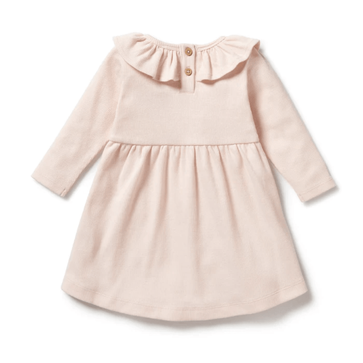 Wilson & Frenchy Organic Rib Long Sleeved Ruffle Dress, available in sizes 6-12 months and 18-24 months only, in a light pink shade featuring a charming ruffled neckline and two buttons on the back.