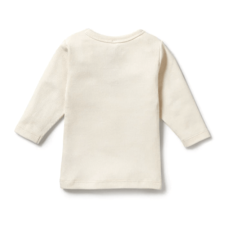 Back view of a long-sleeved, cream-colored Wilson & Frenchy Organic Rib Long Sleeved Top - LUCKY LASTS (available in 6-12 months and 12-18 months) made from soft organic cotton on a plain background.