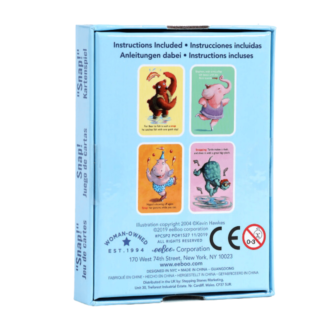 Back of a children's card game box showing four cards featuring animal illustrations and bilingual instructions. Contains product information, CE mark, and the manufacturer's details. Enjoy this fun card game from eeBoo Snap Playing Cards - LUCKY LAST made with eco-friendly materials.