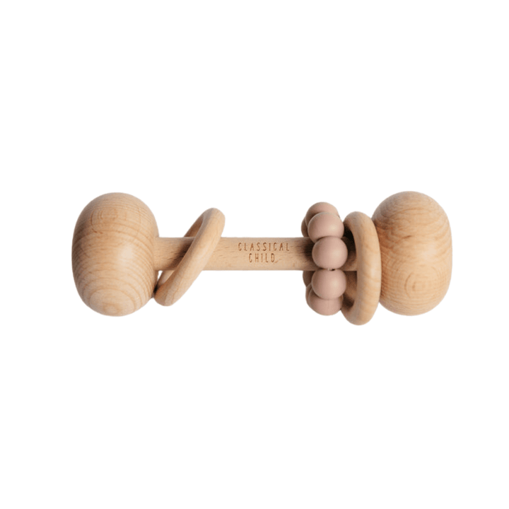 A Classical Child beechwood baby rattle with beads on it.