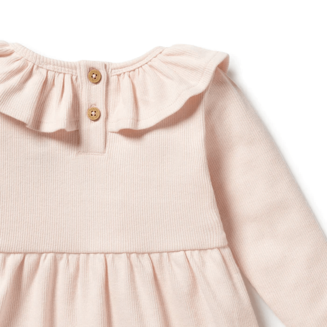 Close-up of a light pink Wilson & Frenchy Organic Rib Long Sleeved Ruffle Dress - LUCKY LASTS - 6–12 MONTHS & 18-24 MONTHS ONLY, featuring long sleeves, a ruffled collar, and two brown buttons at the back.