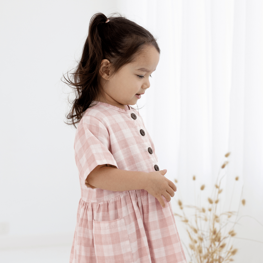 Close Up Of Little Girl With Dark Hair Wearing Pink & White Gingham Dress With Four Faux Coconut Buttons, Standing In Front Of Dried Flowers