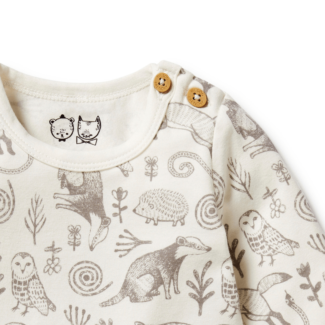 Close-Up-Of-Neck-And-Buttons-On-Wilson-And-Frenchy-Organic-Long-Sleeved-Onesie-Tribal-Woods-Naked-Baby-Eco-Boutique