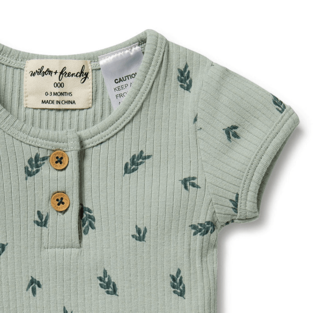 A Wilson & Frenchy Falling Leaf Organic Rib Henley Onesie with leaves on it.