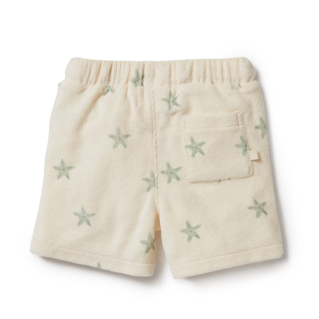 Beige toddler shorts adorned with light green starfish prints and an elastic waistband, ideal for summer. Crafted from GOTS-certified organic cotton, the Wilson & Frenchy Organic Terry Shorts - LUCKY LASTS (0-3 months only) feature a small pocket on the back right side.