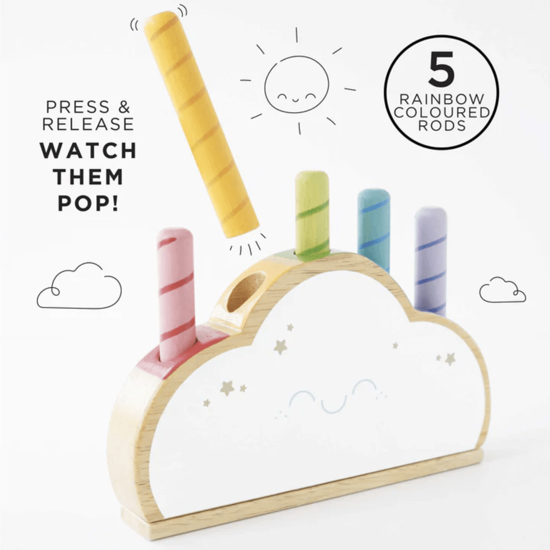 Introduce the Le Toy Van Rainbow Pop Cloud - LUCKY LAST, an eco-friendly gift for toddlers. This toy includes a cloud-shaped base with wooden rainbow pop-up rods. The text "Press & Release Watch Them Pop!" and "5 Rainbow Coloured Rods" invites little hands to discover vibrant colors and engage in imaginative play.