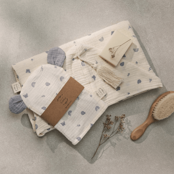 Flatlay-With-Bath-Items-And-Over-The-Dandelions-Organic-Muslin-Bear-Washcloth-Enchanted-Garden-Naked-Baby-Eco-Boutique