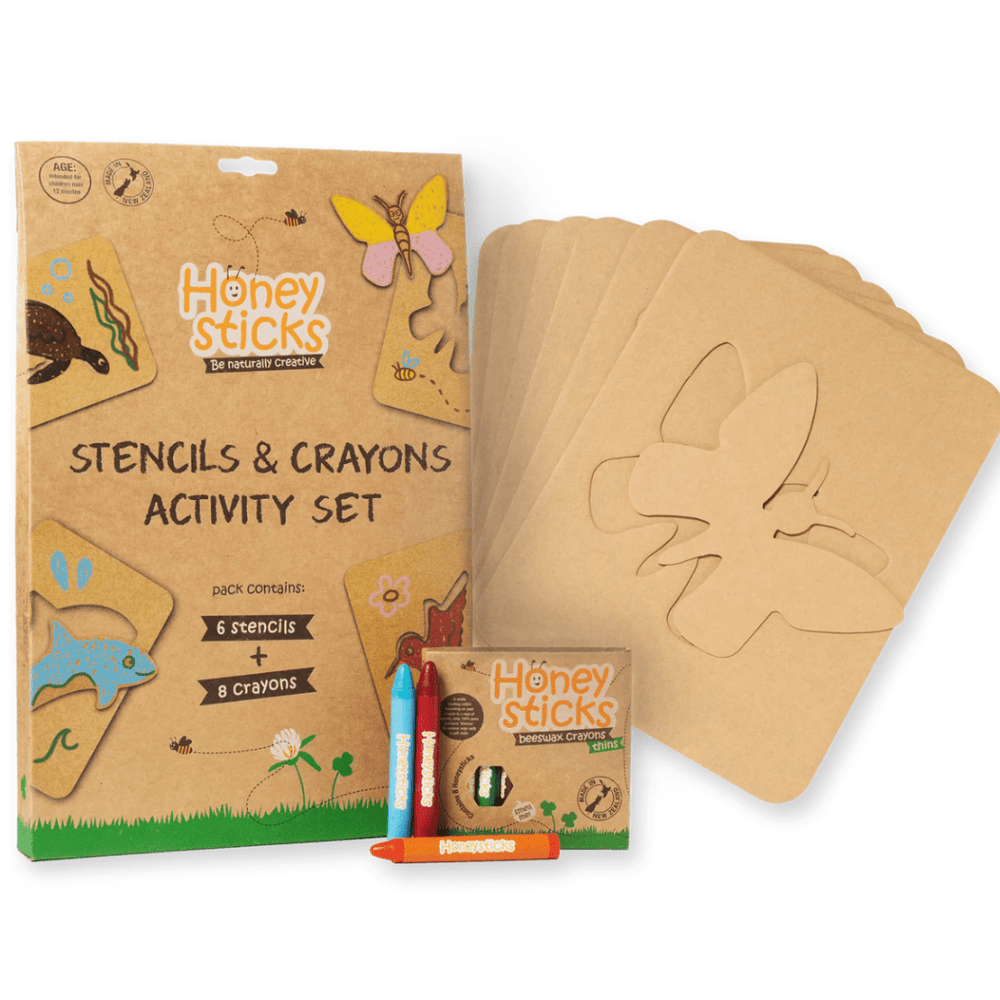 Image of an eco-friendly Honeysticks Jumbo Stencil & Crayon Activity Set. The pack includes 6 Honeysticks Jumbo Stencils and 8 Honeysticks pure beeswax crayons, designed for children, featuring nature-inspired shapes. Packaging shows examples of stencils and crayons.