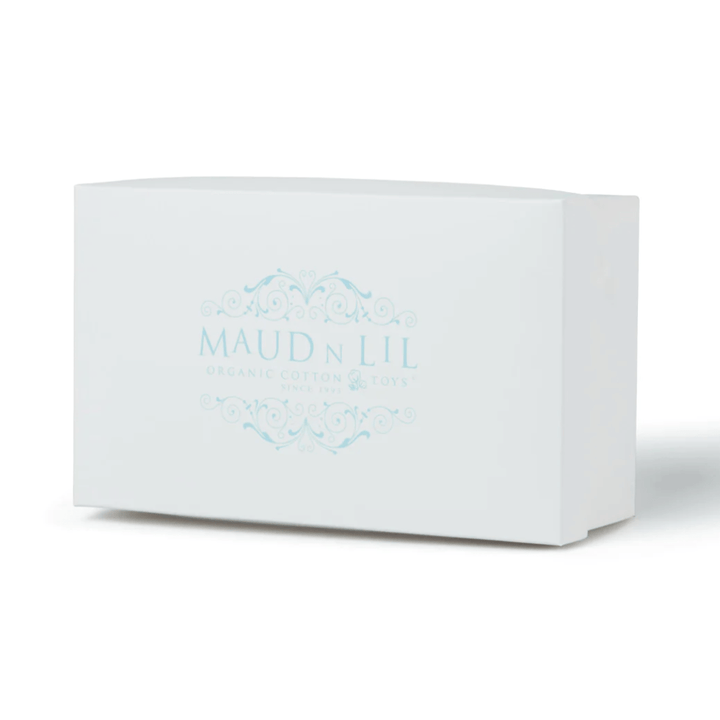 A white rectangular box featuring the text "Maud N Lil" and pale blue decorative elements, containing the Maud N Lil Organic Bunny Comforter, perfect as a baby gift.