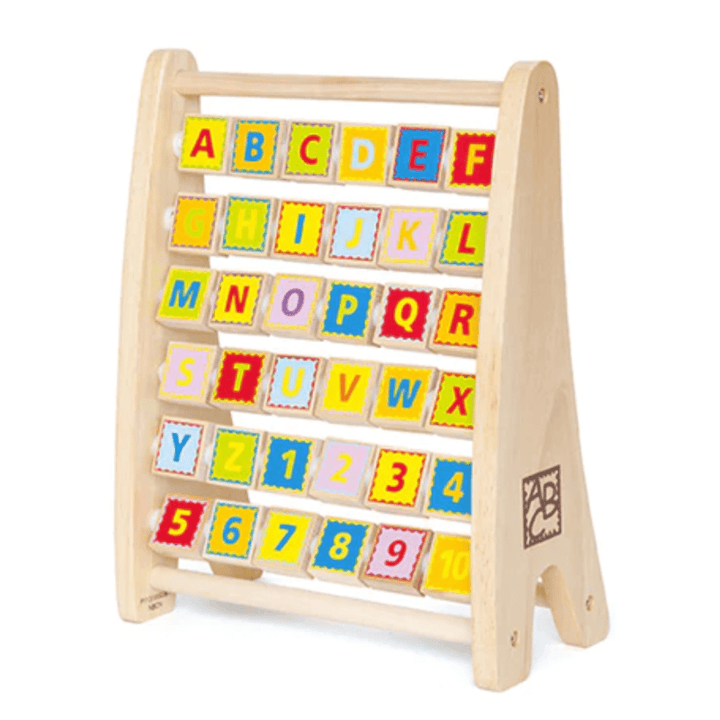 A Hape educational toy featuring a stand with four rows of brightly colored square tiles displaying the alphabet and numbers 1 to 10, perfect as a preschool learning toy.