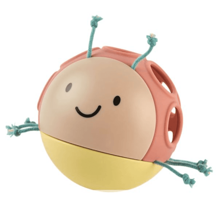 A round, smiling Hape Busy Bug Roll by Hape with a yellow bottom, pink upper half, and blue string legs and antennae designed to boost hand-eye coordination and tactile development.