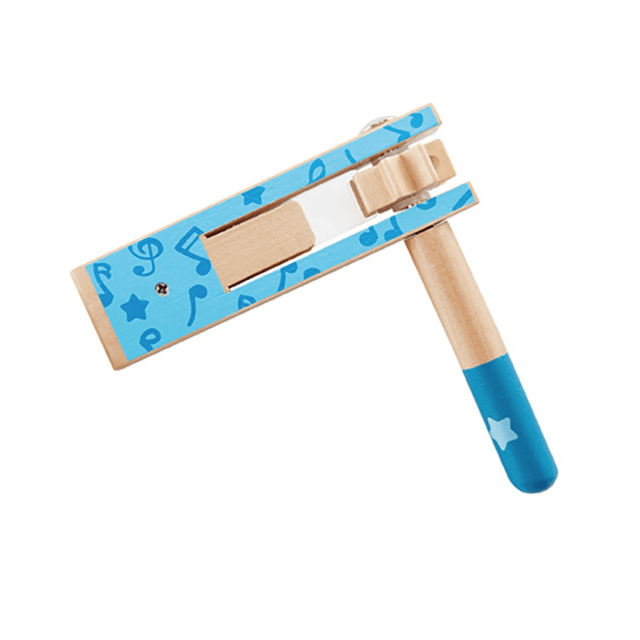 The Hape Cheer a Long Noisemaker - LUCKY LAST - BLUE ONLY is a wooden ratchet noise maker featuring a blue handle and decorated with charming blue musical notes and stars on the body. It’s perfect for enhancing hand-eye coordination.