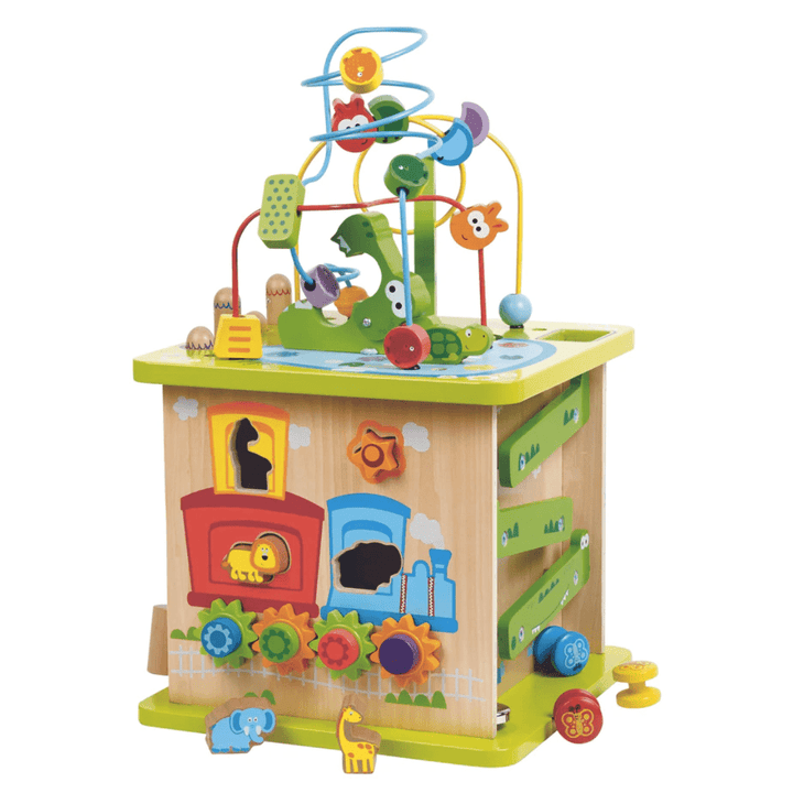 Set off on a safari adventure with the Hape Wildlife Safari Adventure Centre - LUCKY LAST. This sturdy activity cube by Hape features a vibrant bead maze, animal shapes, and interactive gear toys on all sides to enhance cognitive development.