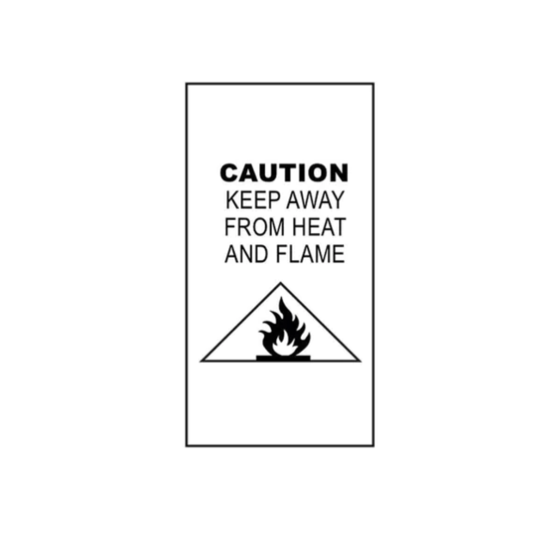 A rectangular caution sign with text: "CAUTION KEEP AWAY FROM HEAT AND FLAME" above a triangular icon depicting a flame, perfect for labeling your Wilson & Frenchy Organic Welcome to the World Baby Pyjamas or any other delicate baby gift.