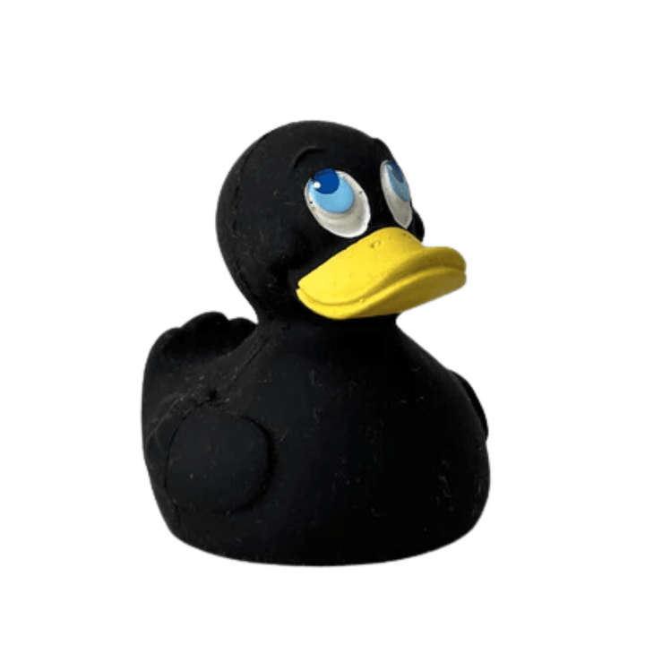 Introducing the Lanco Natural Rubber Duck from Lanco! This charming black rubber duck features bright blue eyes and a yellow beak, crafted from natural rubber. Set against a pristine white background, it's the perfect baby bath toy. With non-toxic paints ensuring safe playtime fun, you can trust this adorable duck to offer hours of enjoyment.