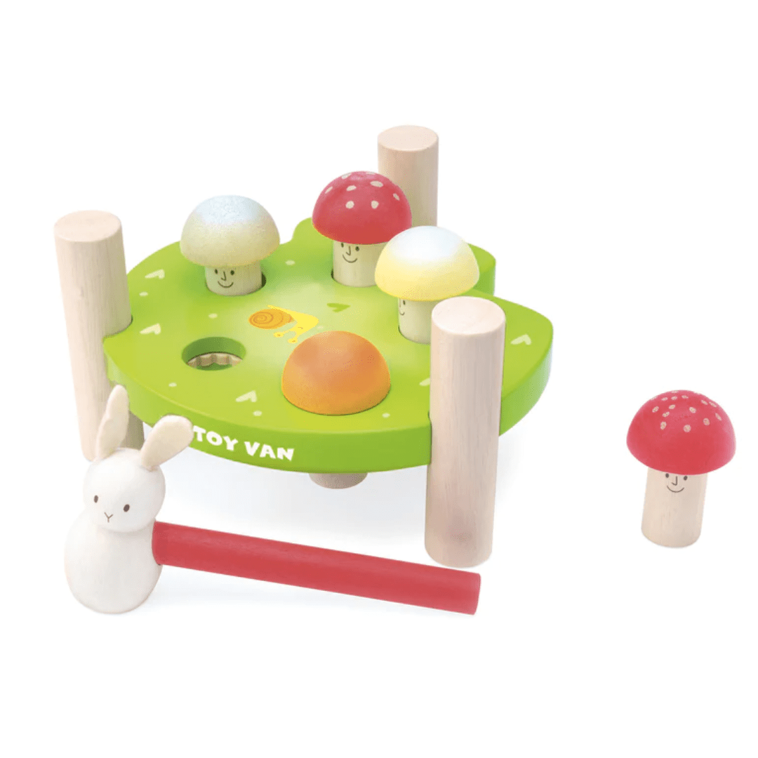 Introducing the Discoveroo Le Toy Van Mr. Mushroom Hammer Game - LUCKY LAST, a delightful toy crafted from sustainable wood. It features a charming bunny-shaped mallet, designed to enhance your child's hand-eye coordination.