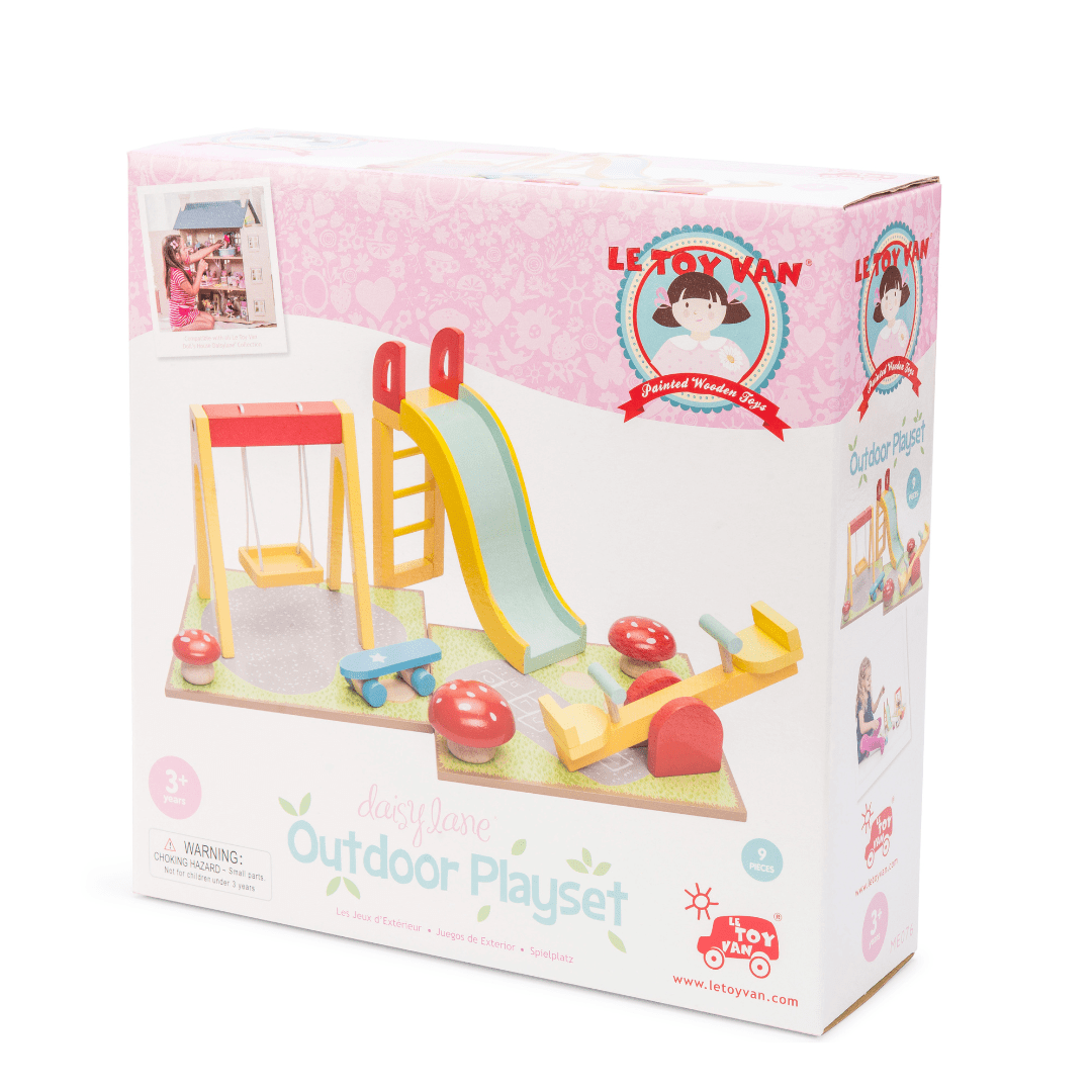 The Le Toy Van Outdoor Playset Dollhouse Furniture - LUCKY LAST box features a charming outdoor playset for dolls, complete with a toy swing, slide, and climbing frame. Made from sustainable non-toxic wood by Le Toy Van, it ensures endless hours of imaginative play for children.