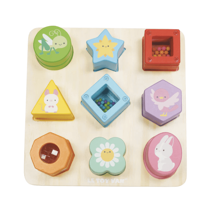 The Le Toy Van Petilou Sensory Shapes - LUCKY LAST is a wooden toy puzzle board featuring nine vibrant sensory shapes that display animals or unique designs, complete with interactive elements such as beads to help develop fine motor skills.