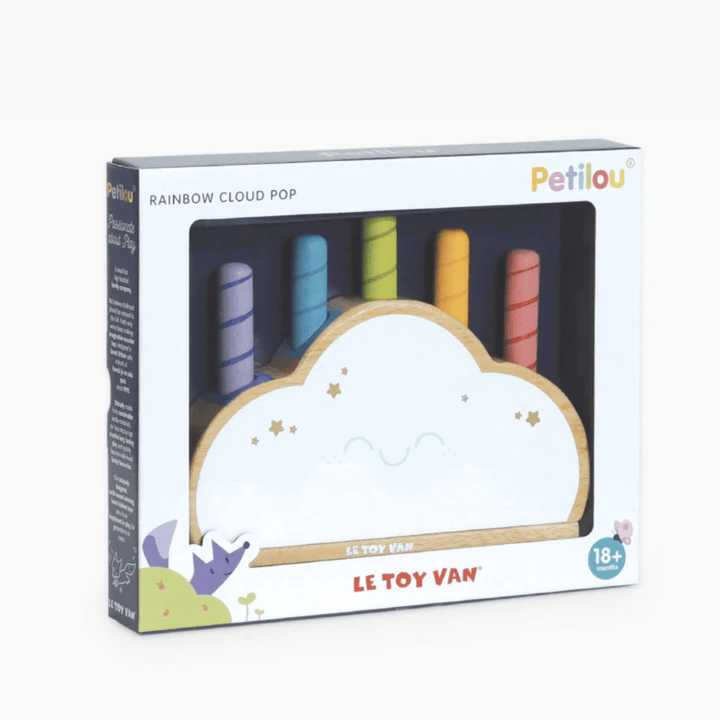 Uncover the ideal eco-friendly gift for a toddler with the Le Toy Van Rainbow Pop Cloud - LUCKY LAST. This vibrant toy box contains a rainbow-colored wooden pop-up cloud toy, showcasing the "Le Toy Van" and "Petilou" labels. Designed with lively rainbow pop-up rods, it's perfect for children aged 18 months and older.