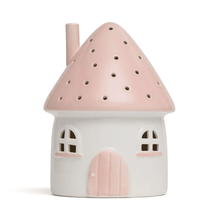 The Little Belle Nightlights Ceramic Nightlight – LUCKY LASTS – FAIRY HOUSE ONLY by Little Belle Nightlights radiates whimsical charm with its ceramic design, featuring a pink-domed roof and white body. Its handcrafted porcelain details, including two arched windows and a door, bring an enchanting glow to any room.