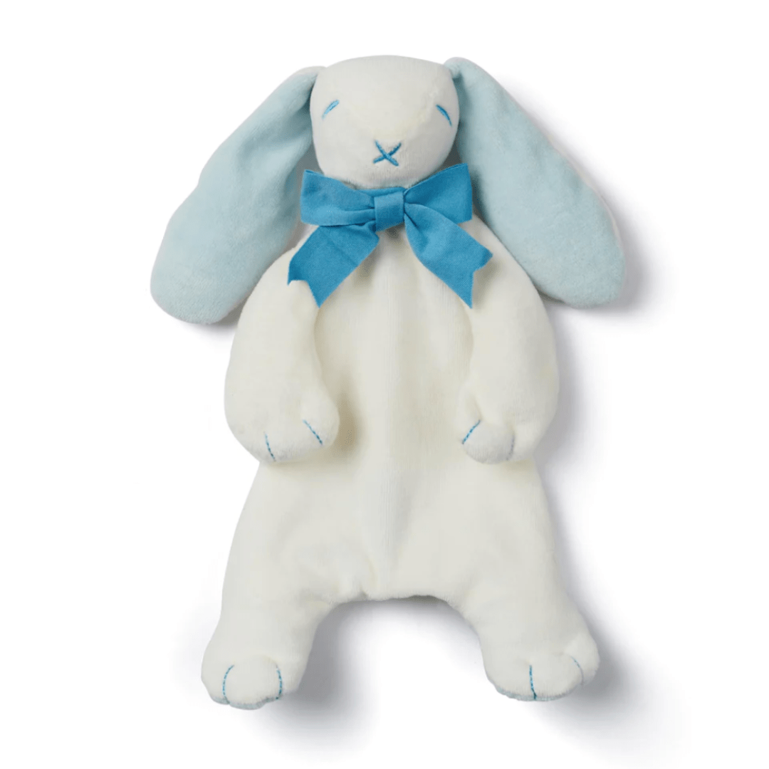 The Maud N Lil Organic Bunny Comforter - Gift Boxed is an enchanting white plush bunny doll featuring light blue ears and a matching blue ribbon around its neck, making it the perfect baby gift.