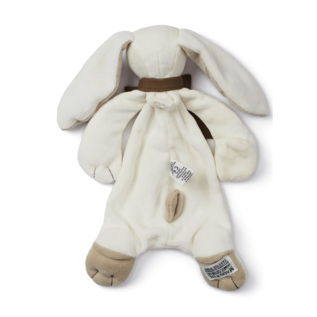 The Maud N Lil Organic Bunny Comforter - Gift Boxed, a soft and white plush rabbit toy featuring long ears, brown paw details, and two tags attached, is perfect as a baby gift and is made from organic cotton.