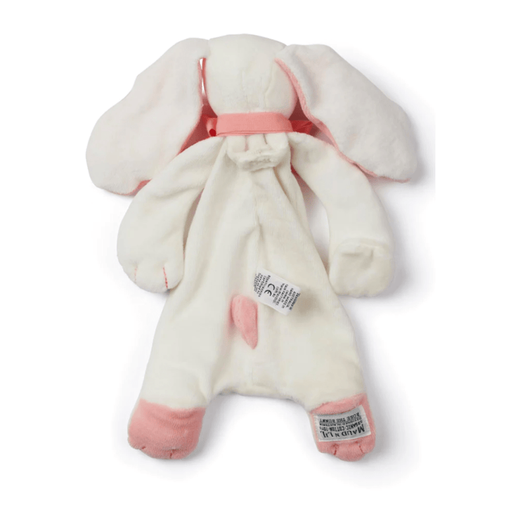 The Maud N Lil Organic Bunny Comforter - Gift Boxed, a soft, white plush toy with long ears, pink accents on the feet and ears, and attached tags on one foot and the back, makes for a perfect baby gift.