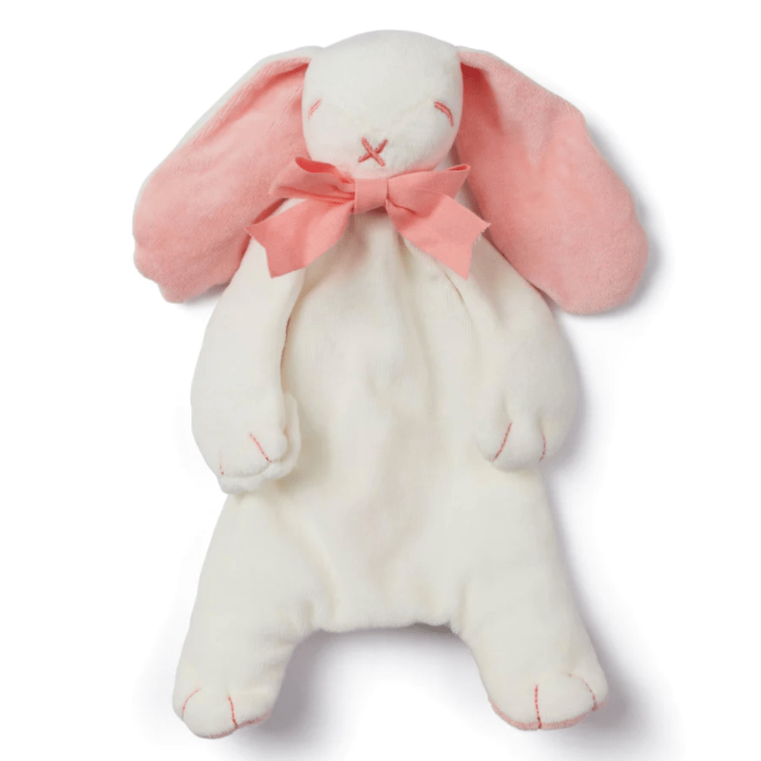 The Maud N Lil Organic Bunny Comforter - Gift Boxed is a plush rabbit toy featuring white fur, pink inner ears, and a pink bow around its neck, making it the perfect baby gift.