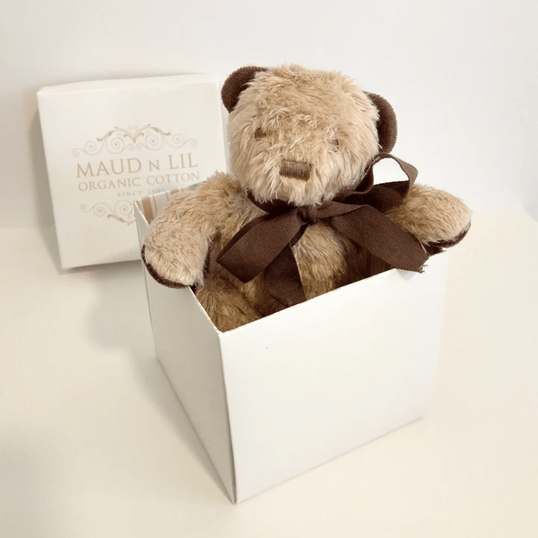 Maud-N-Lil-Organic-Mini-Teddy-Gift-Boxed-Sitting-In-Box-Earth-Baby-Eco-Boutique