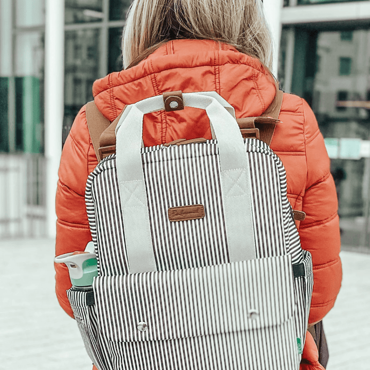 Mum-Wearing-Babymel-Georgi-Eco-Convertible-Nappy-Backpack-Navy-Stripe-on-Back-Naked-Baby-Eco-Boutique