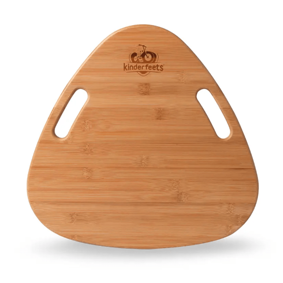 The Kinderfeets Tummy Glider by Kinderfeets is made from sustainable bamboo, featuring two hand cutouts on the sides and the 'kinderfeets' logo engraved on top. The triangular shape with rounded edges is designed to enhance gross motor skills.