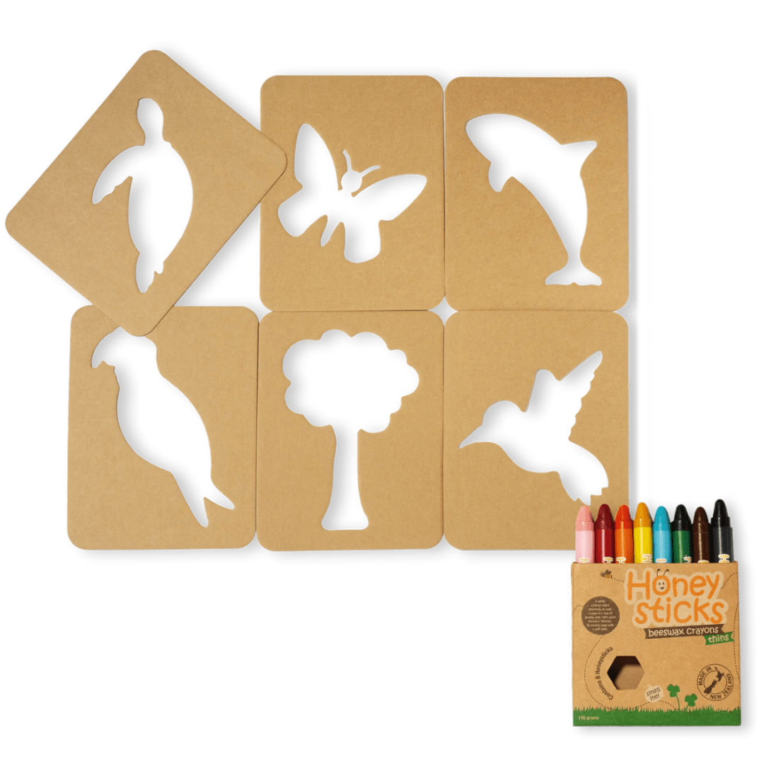 Description: Six brown stencil cards with cut-out shapes of a penguin, butterfly, dolphin, parrot, tree, and bird are part of this eco-friendly Honeysticks Jumbo Stencil & Crayon Activity Set by Honeysticks. It also includes a pack of multi-colored beeswax crayons for creative fun.