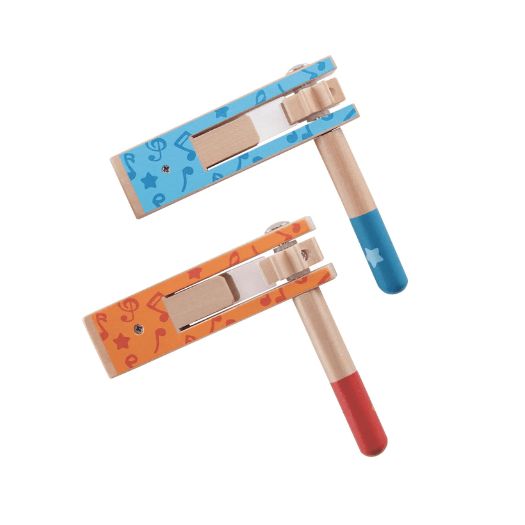 The Hape Cheer a Long Noisemaker - LUCKY LAST in blue, featuring decorative patterns and handles crafted from sustainable materials, is isolated on a white background. Perfect for enhancing hand-eye coordination while adding a touch of color to your playtime.