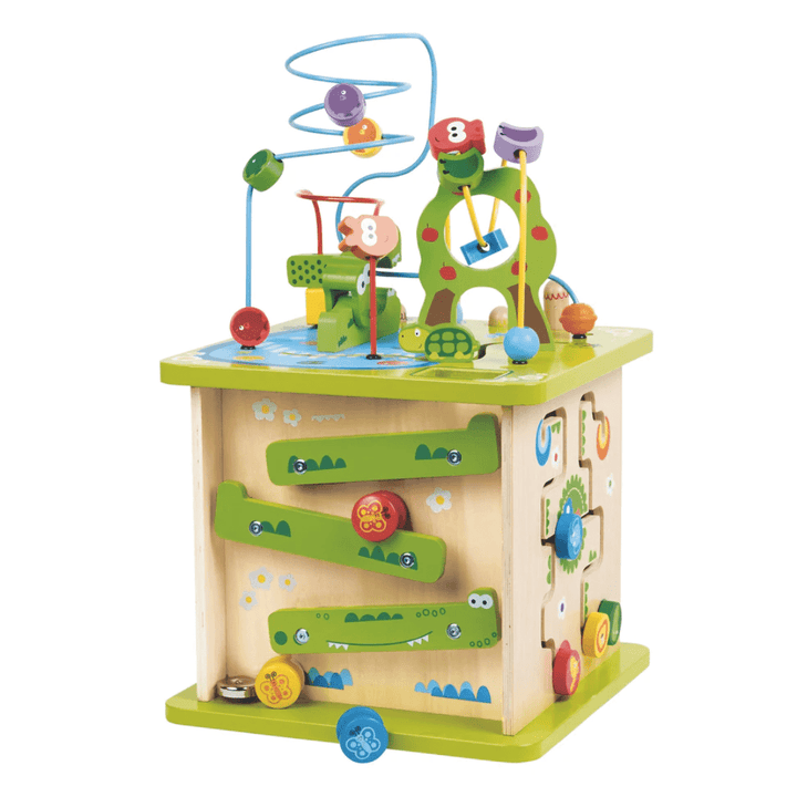 The Hape Wildlife Safari Adventure Centre - LUCKY LAST, made from sturdy wood, includes a bead maze, spinning gears, and slider tracks. Decorated with lively safari animal designs on its colorful structure, it supports cognitive development and encourages imaginative play.